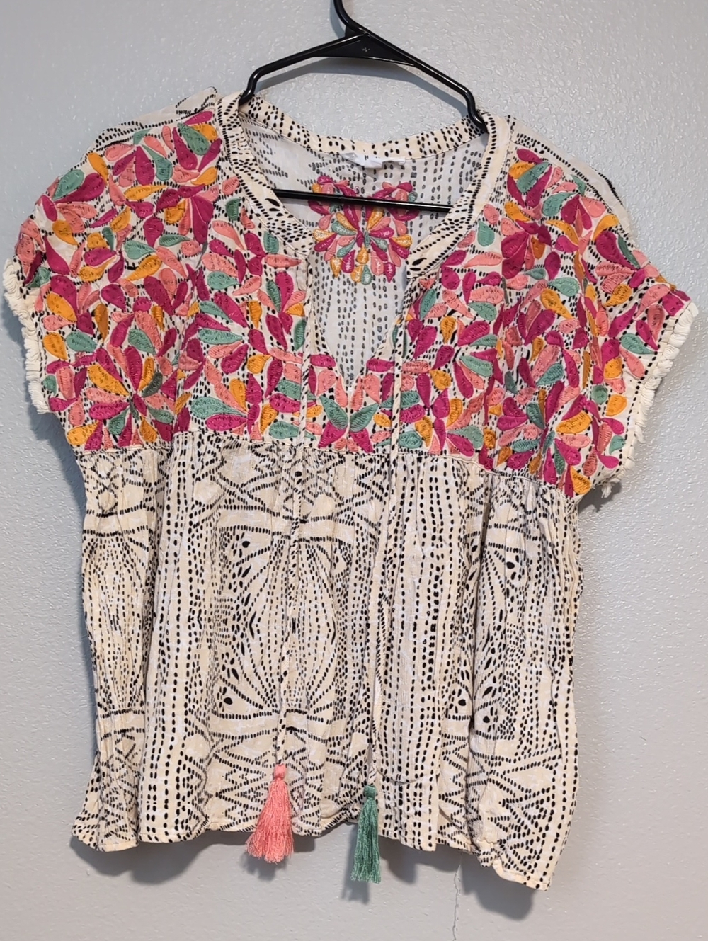 THML Cream Boho Embroidered Top with Pink & Orange Yoke